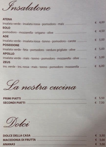 Menu di Bar Monte Nero 