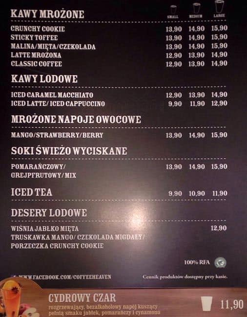Costa coffee menu