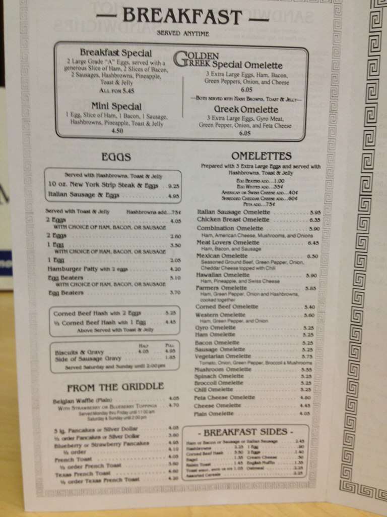 Golden Greek Menu, Menu untuk Golden Greek, Mount Clemens, Detroit