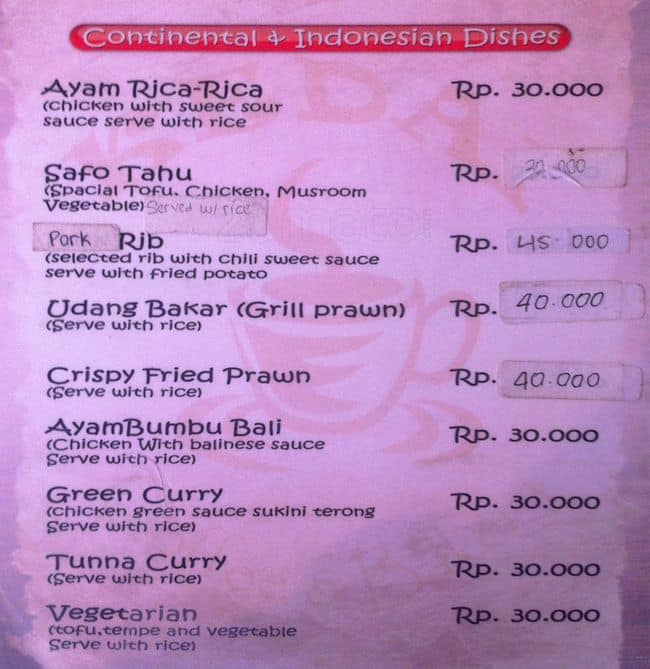 Menu At Cafe Kedai Ubud