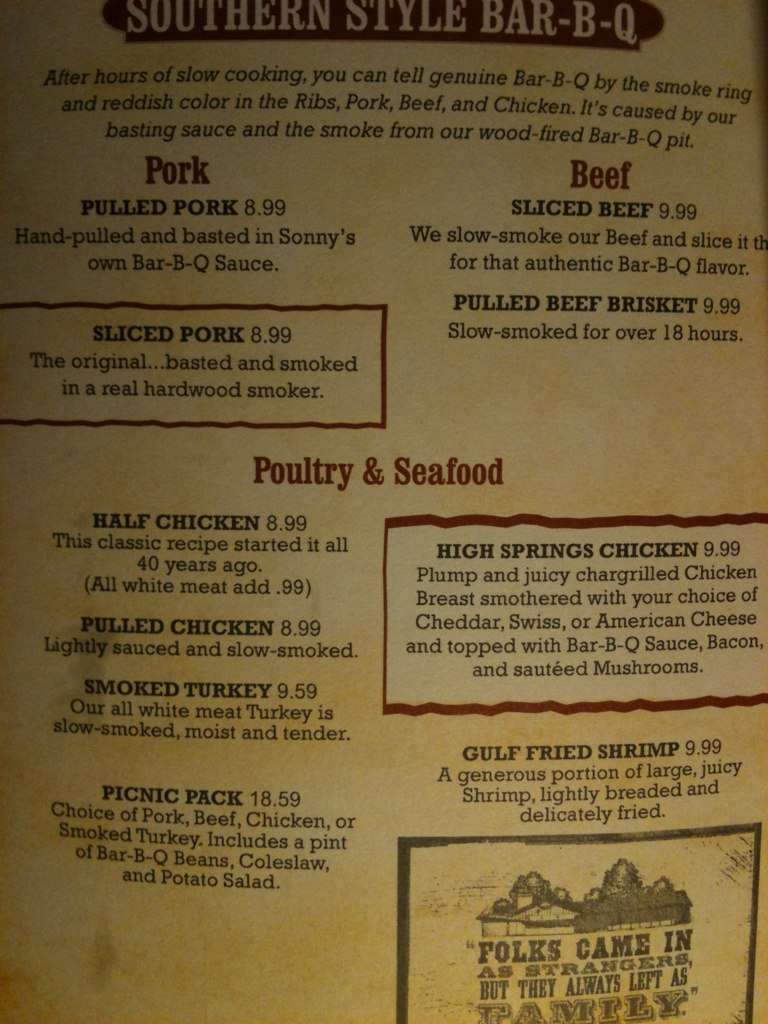 Sonny's BBQ Menu, Menu for Sonny's BBQ, Apopka, Orlando - Urbanspoon/Zomato