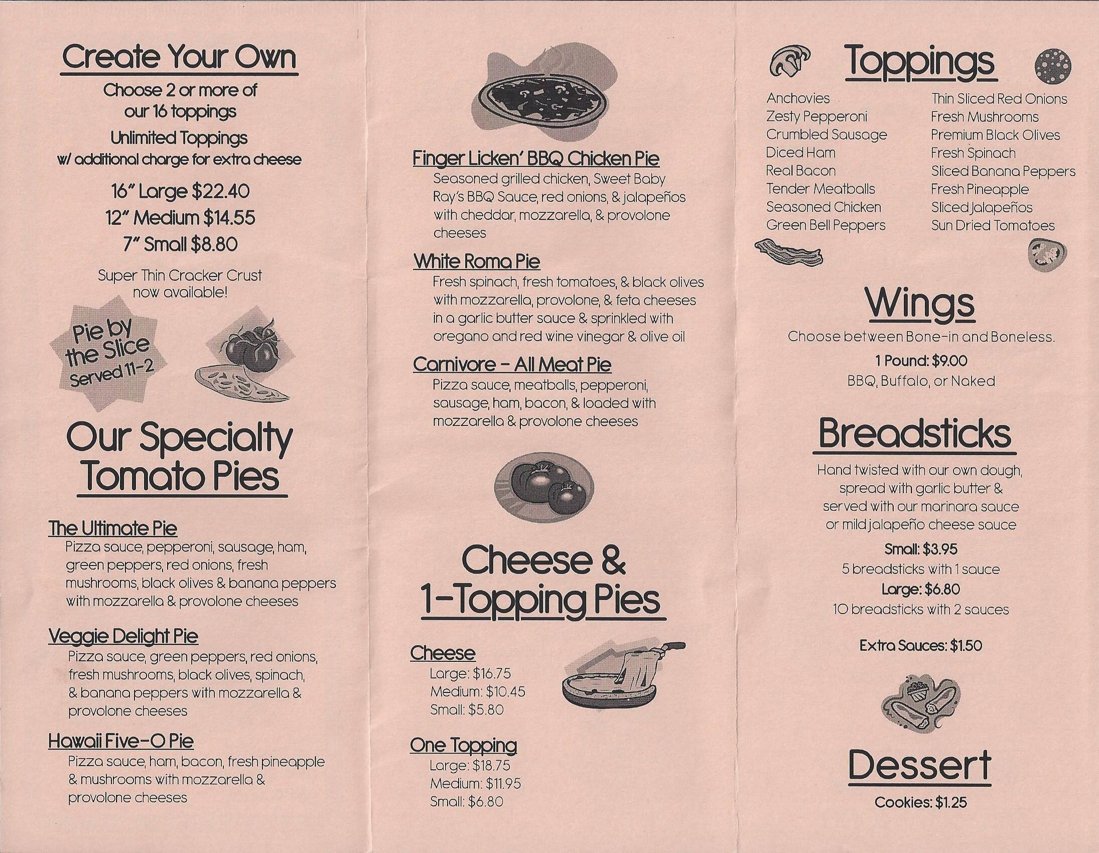 Menu at Tomato Pie Pizza Joint pizzeria, Paragon