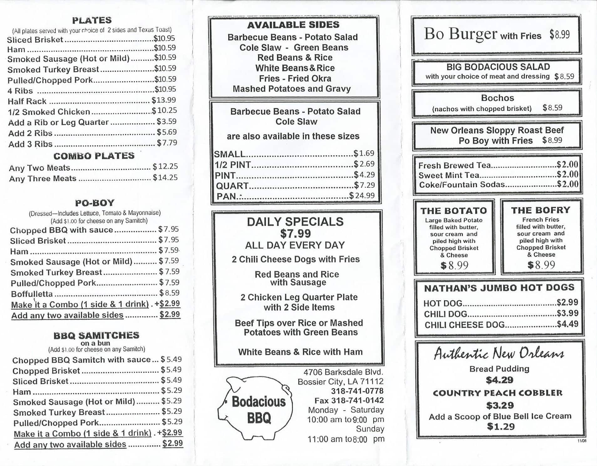 Menu At Bodacious Bar-B-Q, Bossier City