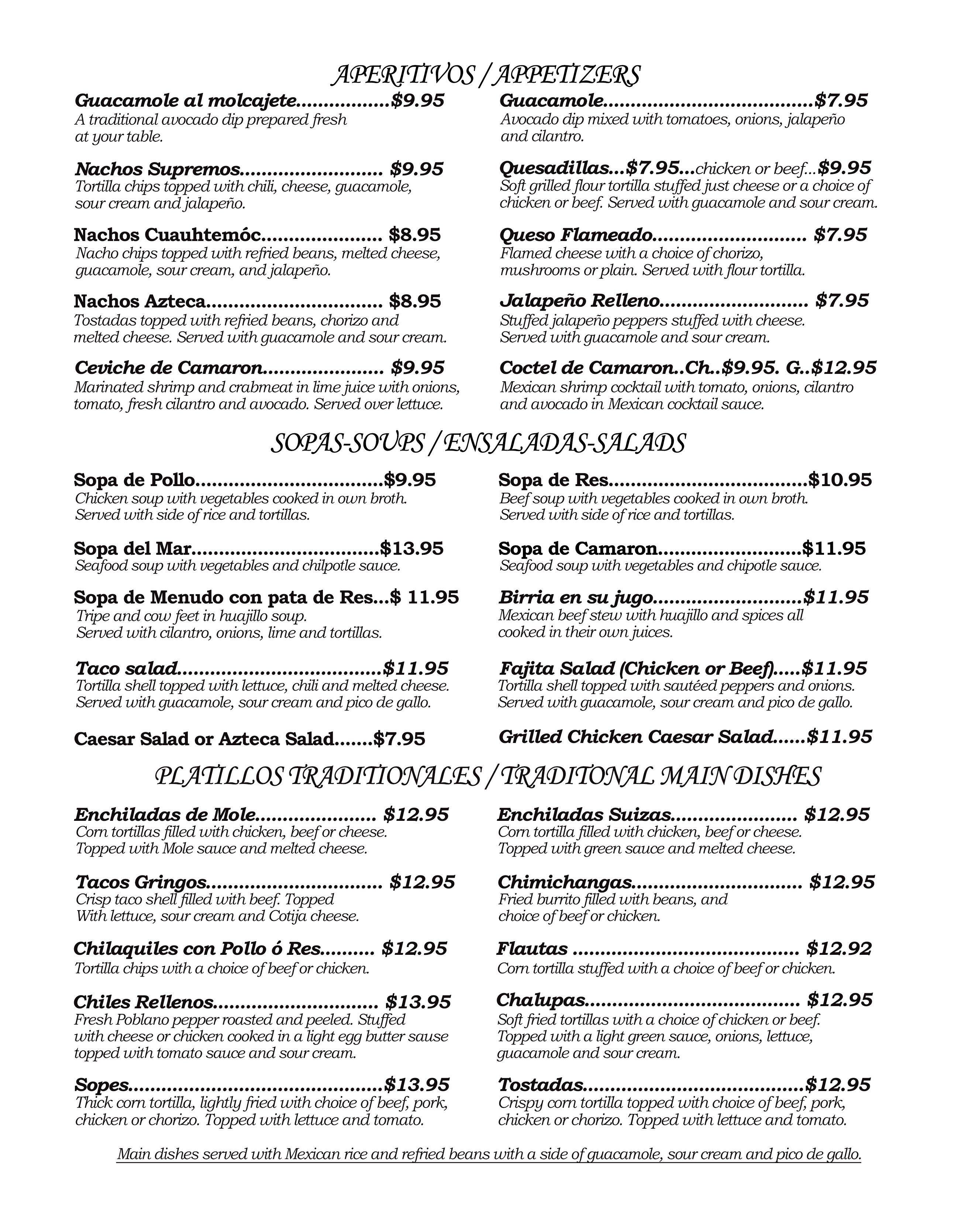Menu at Azteca restaurant, Mount Kisco