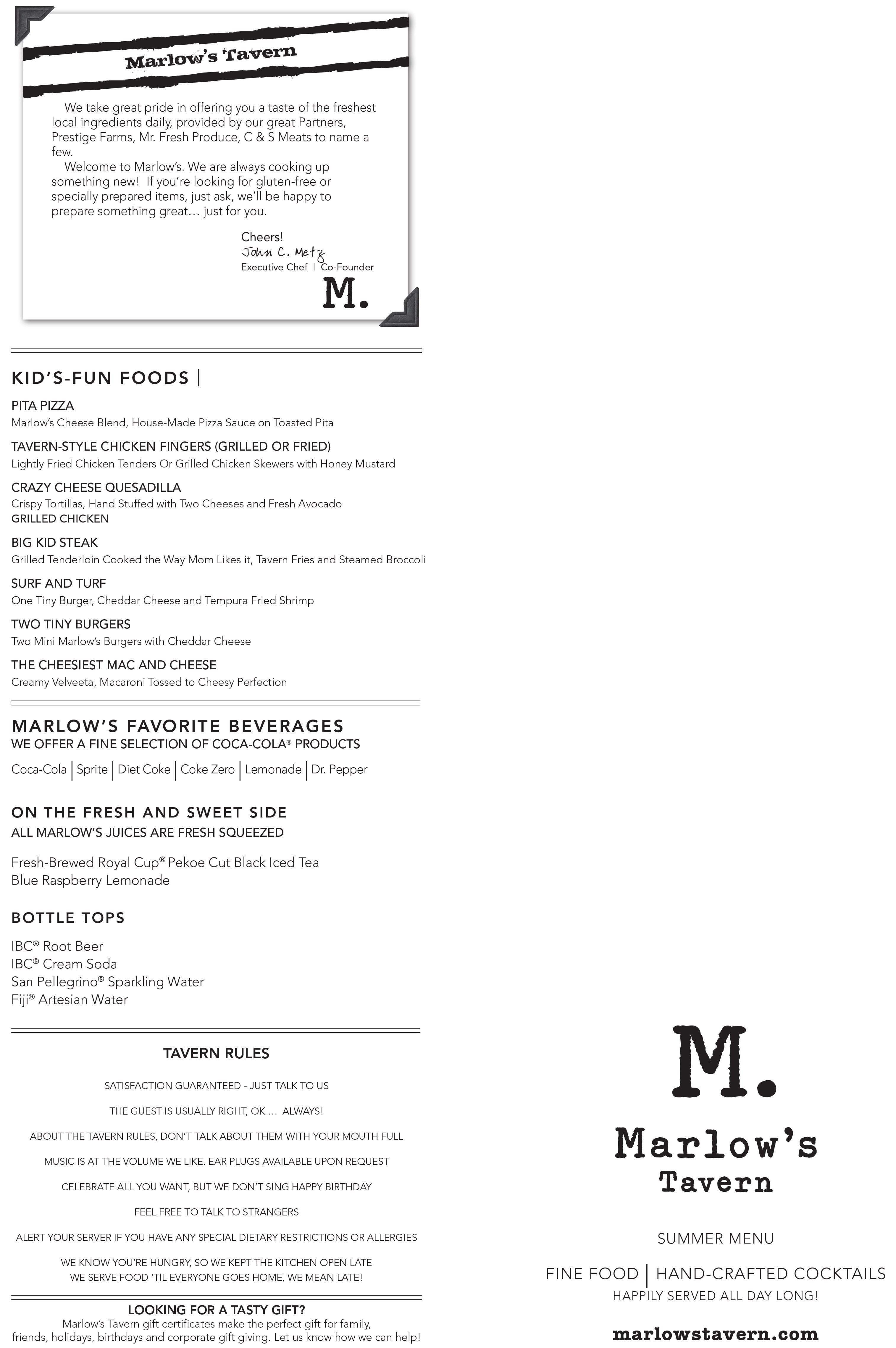 Marlow's Tavern Menu, Menu for Marlow's Tavern, Marietta, Atlanta