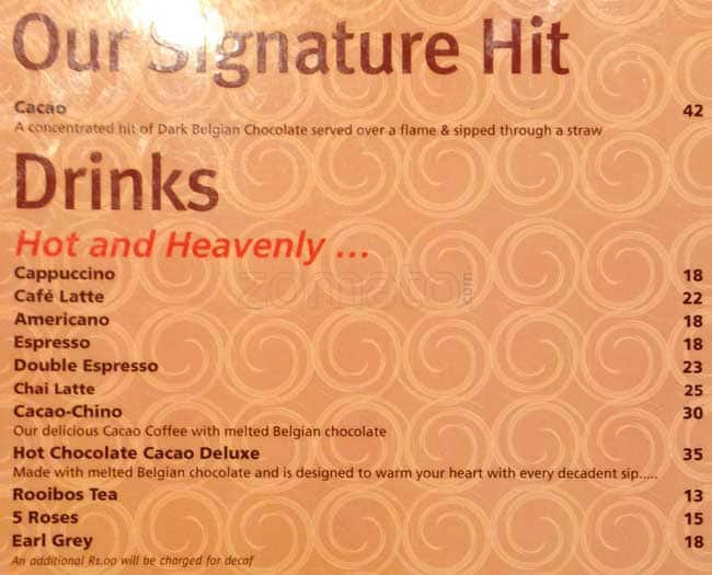 Cacao Chocolate Bar Menu, Menu for Cacao Chocolate Bar, Umhlanga
