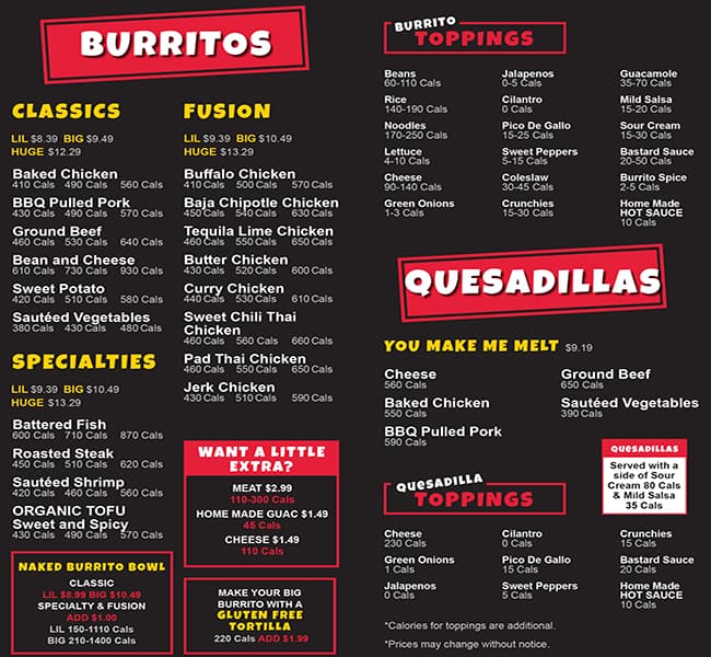 Menu at Fat Bastard Burrito, Toronto, 726 Kingston Road