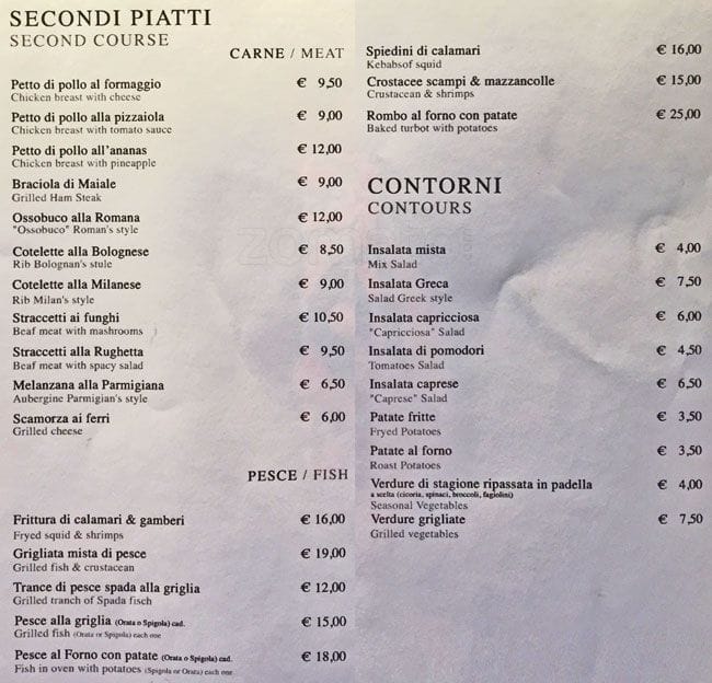 Menu at La Tavernetta restaurant, Rome, Via Vicenza