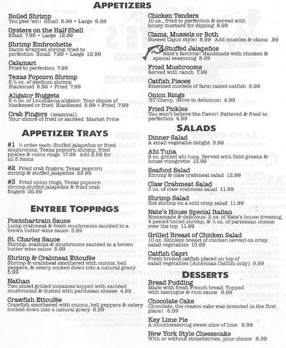 Menu at Nate's Seafood steakhouse, Addison