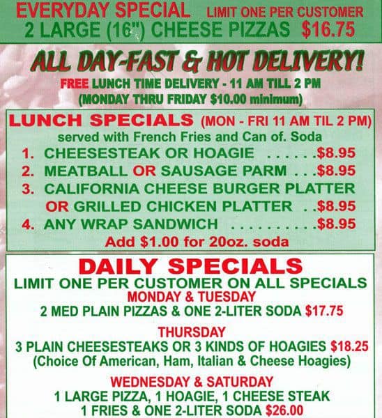 Speedy's Pizza Menu, Menu for Speedy's Pizza, Millbrook, Philadelphia