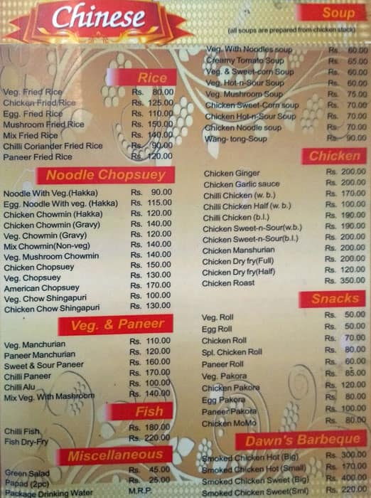 Pratul's Dawn Dhaba menu