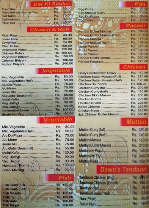 Pratul's Dawn Dhaba menu