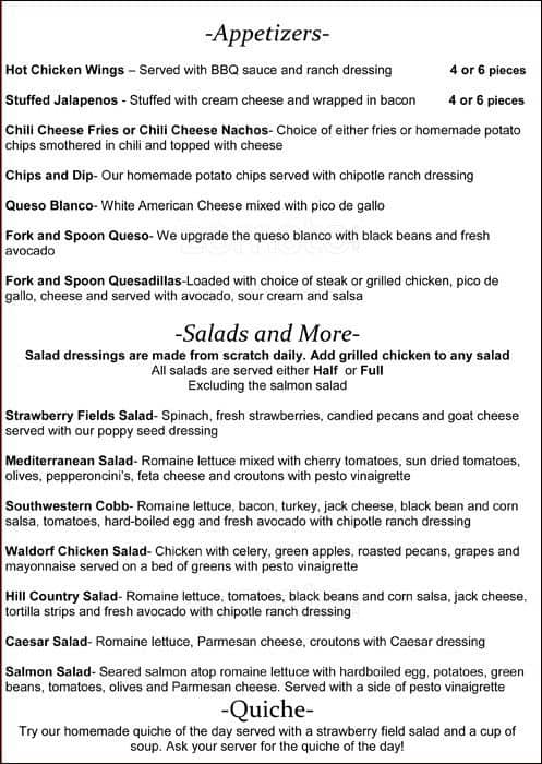 Menu for Fork and Spoon, New Braunfels 