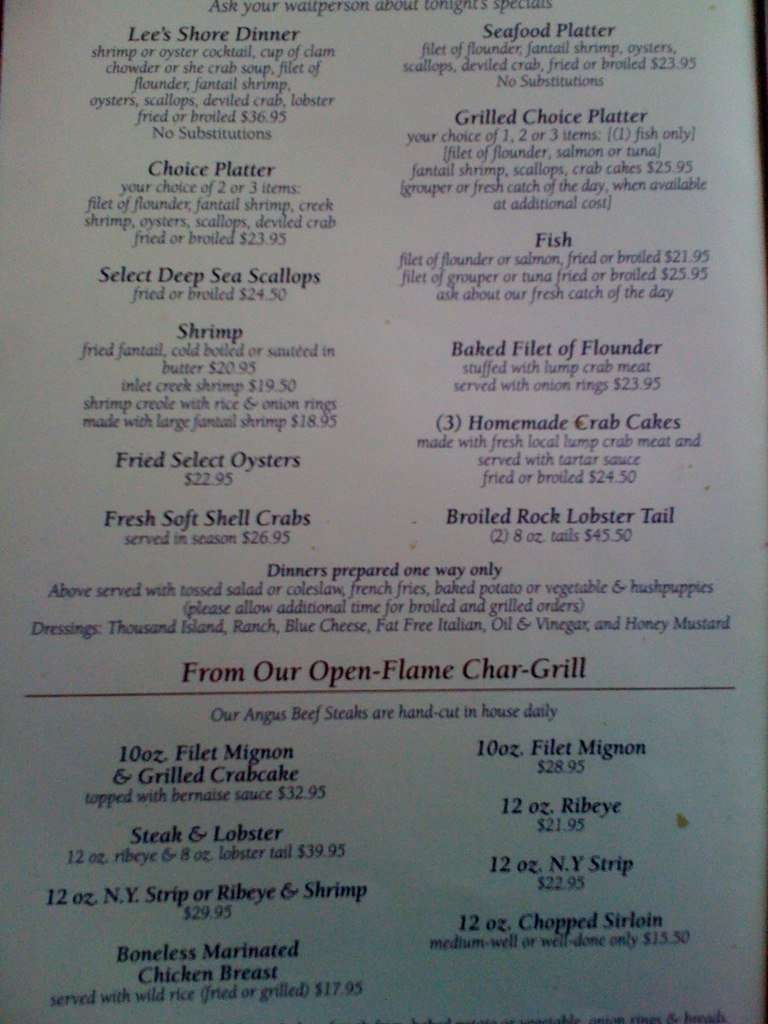 Menu at Lee's Inlet Kitchen restaurant, Murrells Inlet