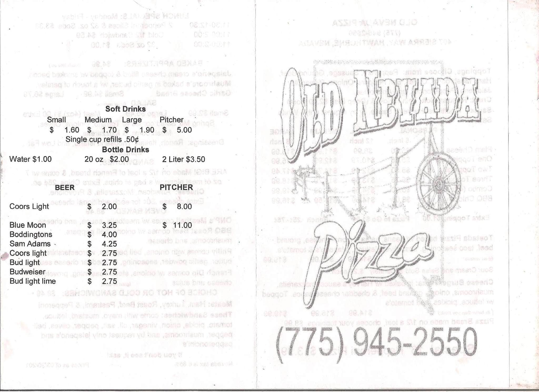 Menu at Old Nevada Pizza pizzeria, Hawthorne