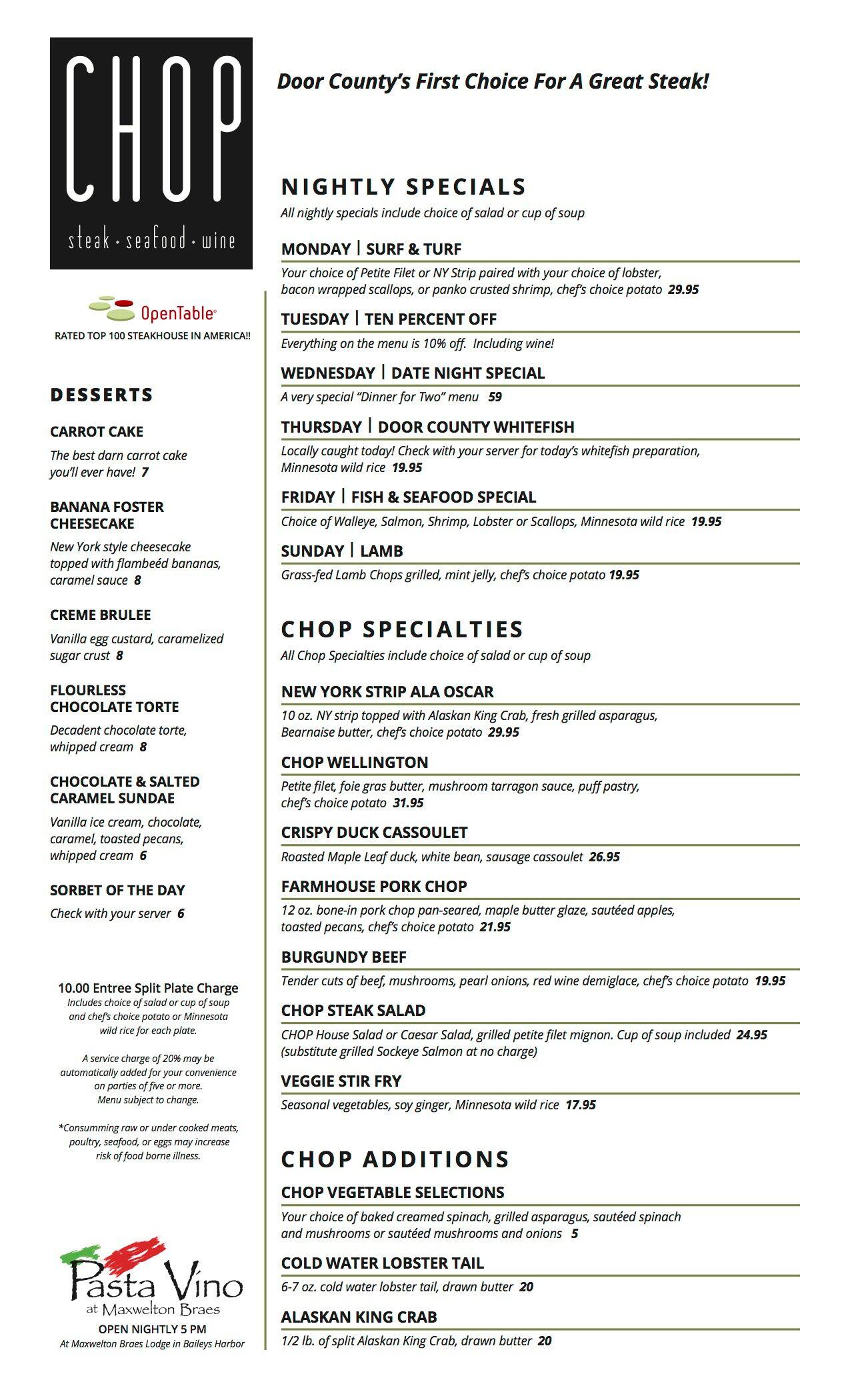 Menu at CHOP steakhouse, Sister Bay