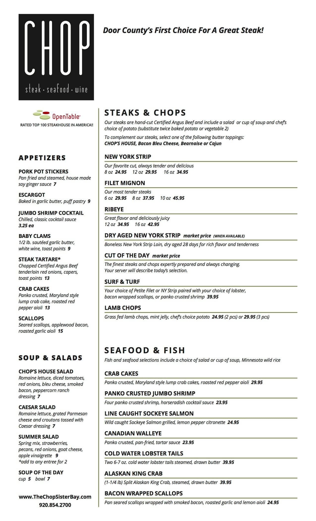 Menu at CHOP steakhouse, Sister Bay