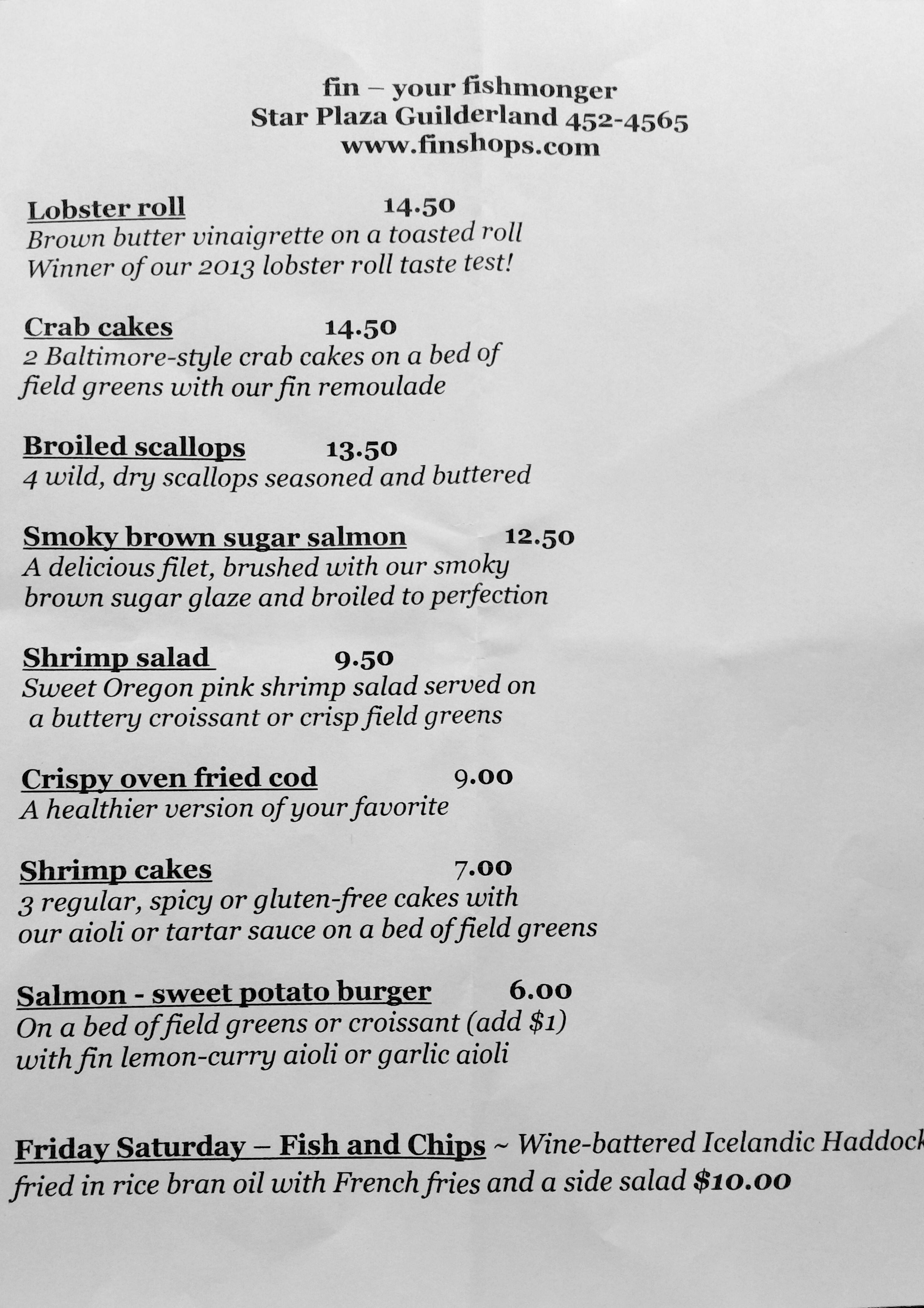Menu at fin - your fishmonger restaurant, Guilderland