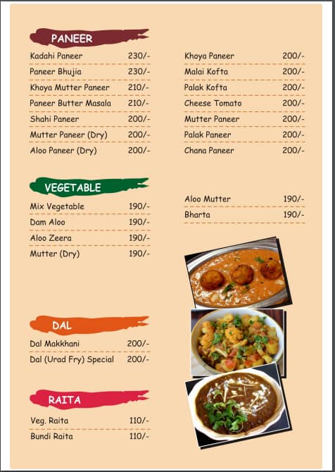 Shakahari Restaurant menu