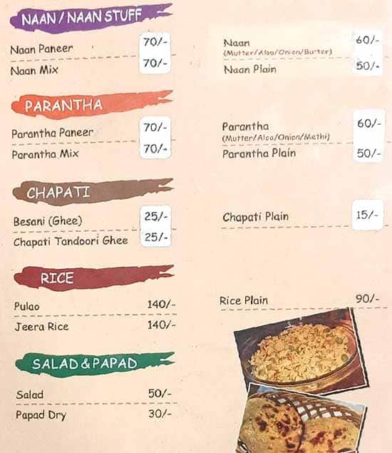Shakahari Restaurant menu