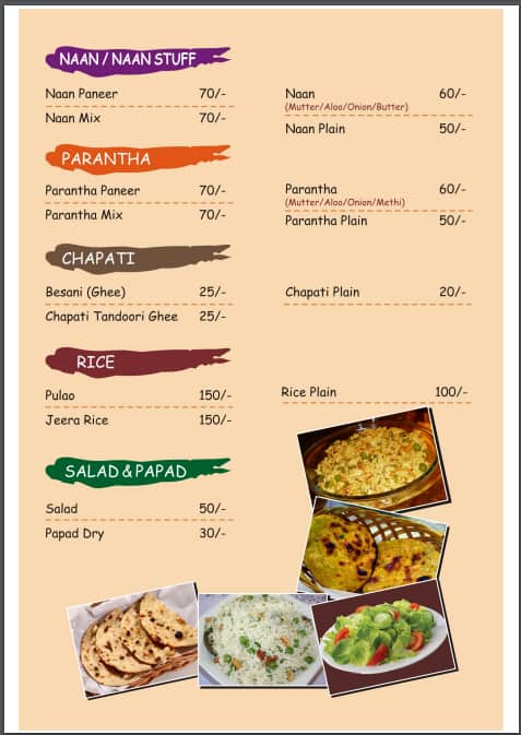 Shakahari Restaurant menu