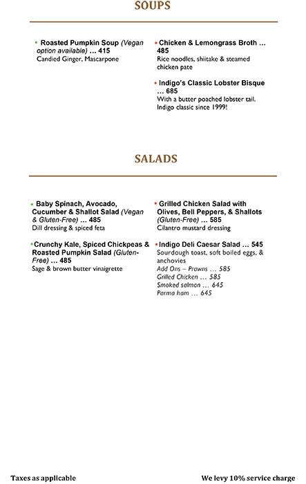 Indigo Delicatessen menu