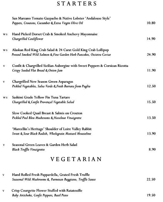 Menu at Clos Maggiore restaurant, London