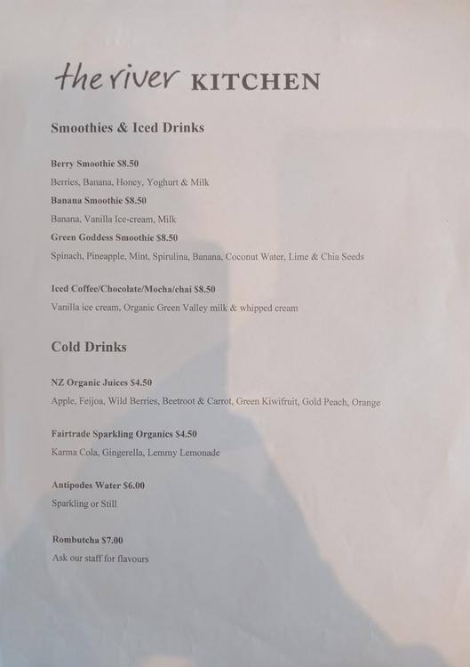 Menu at The River Kitchen cafe, Hamilton