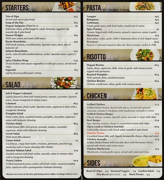Menu at Degani restaurant, Roxburgh Park