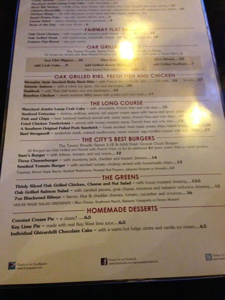 Menu at Sam Snead's steakhouse, Fredericton