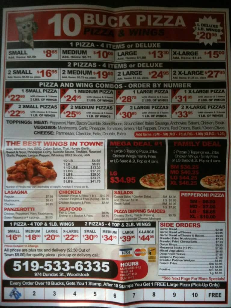 10 Buck Pizza and Wings Menu, Menu de 10 Buck Pizza and Wings
