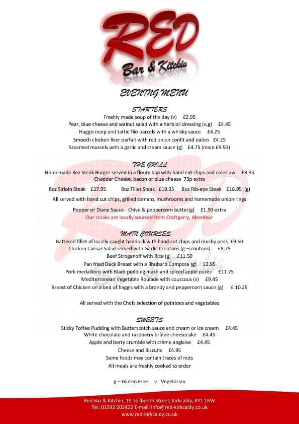 Red Bar & Kitchen menu, Menu restauracji Red Bar & Kitchen, Kirkcaldy