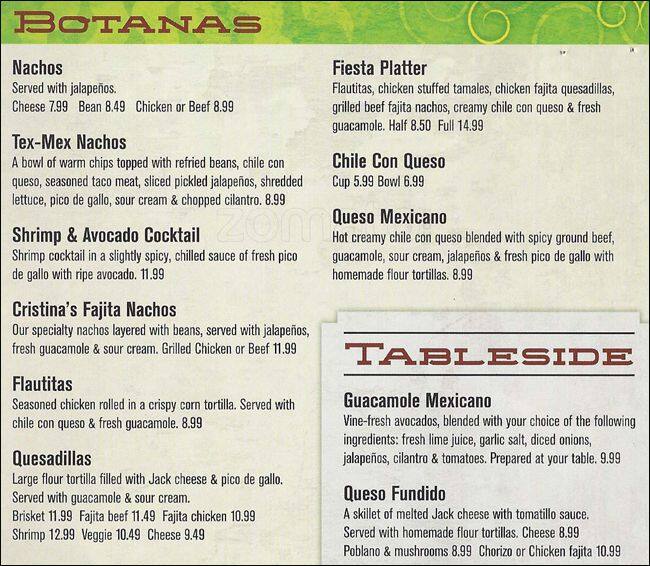 Menu At Cristina s Fine Mexican Restaurant Lewisville 360 E Round Grove Rd 800