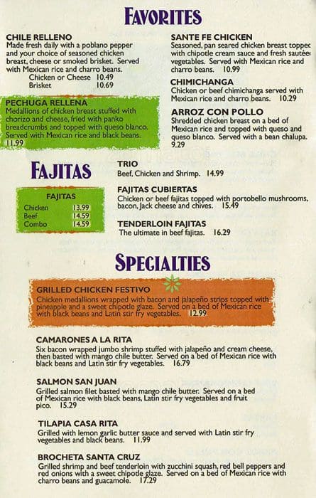 Menu at Casa Rita's restaurant, Frisco