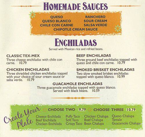 Menu at Casa Rita's restaurant, Frisco