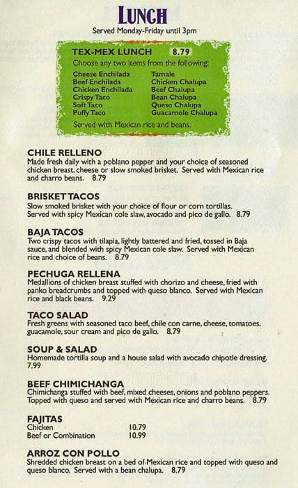 Menu at Casa Rita's restaurant, Frisco