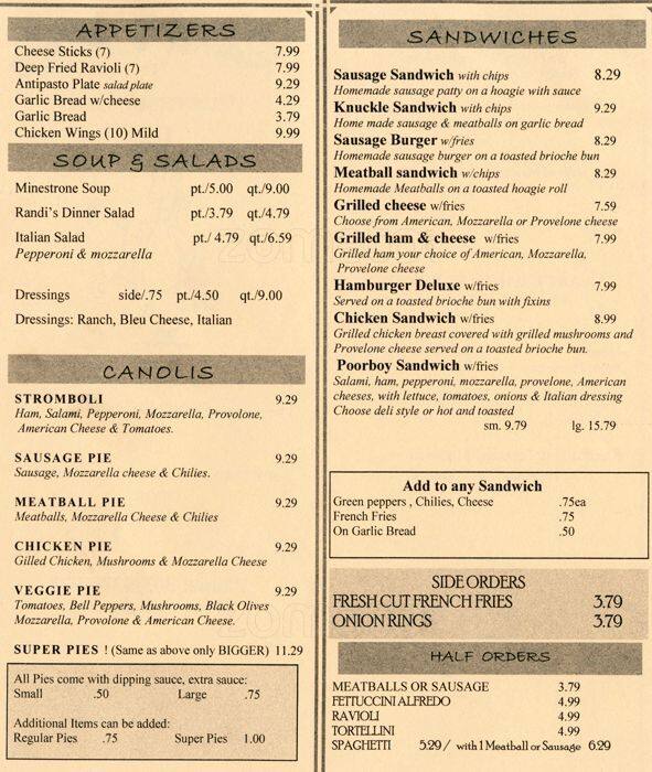 Randi's Pizza & Italian Menu Urbanspoon/Zomato