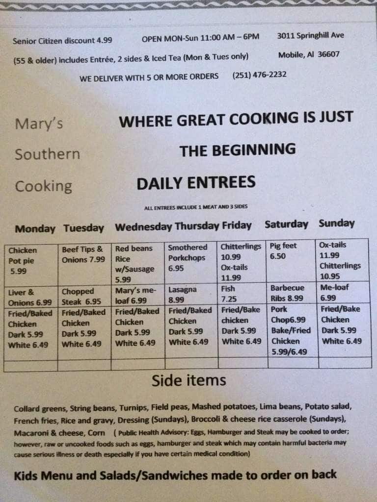 Menu At Mary S Southern Cooking Restaurant Mobile The Restaurant Information Including Mary S Southern Cooking Menu Items And Prices May Have Been Modified Since Last Website Update