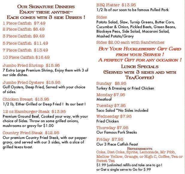 Menu at Huckleberry's Pub, Mounds