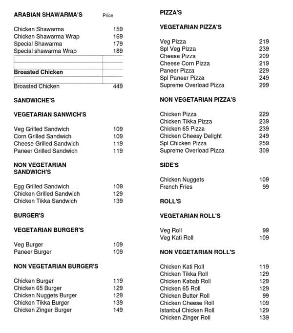 Pista House menu