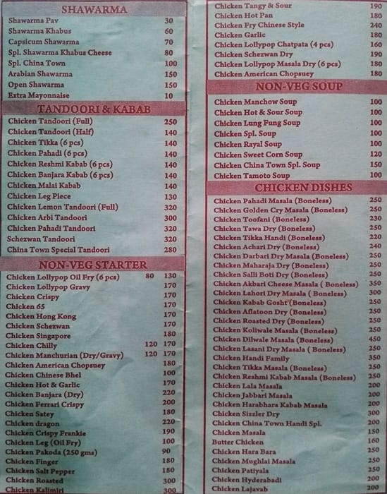 Zaika Hotel (China town chinese restaurant) menu