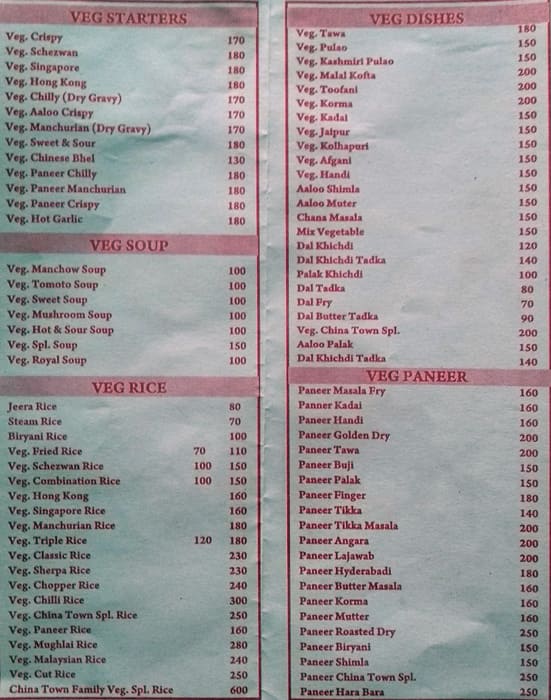 Zaika Hotel (China town chinese restaurant) menu