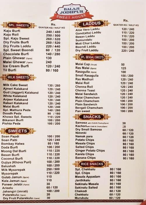 Balaji Jodhpur Sweet House menu