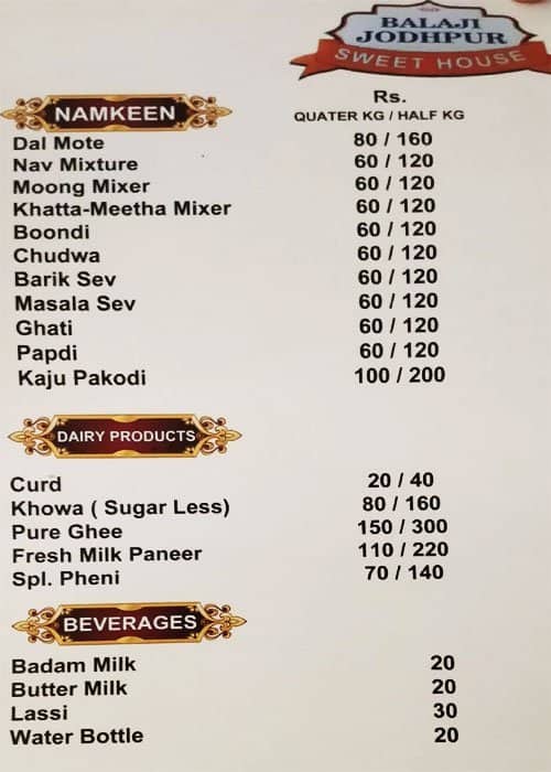 Balaji Jodhpur Sweet House menu