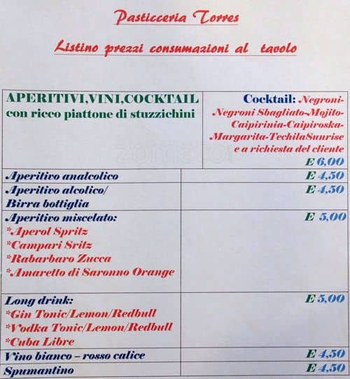 Menu di Pasticceria Caffetteria Torres 