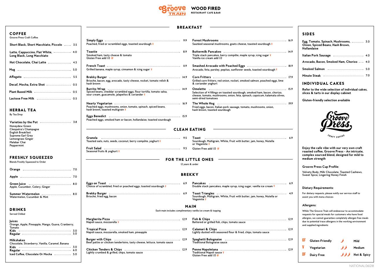 The Groove Train Menu, Menu for The 