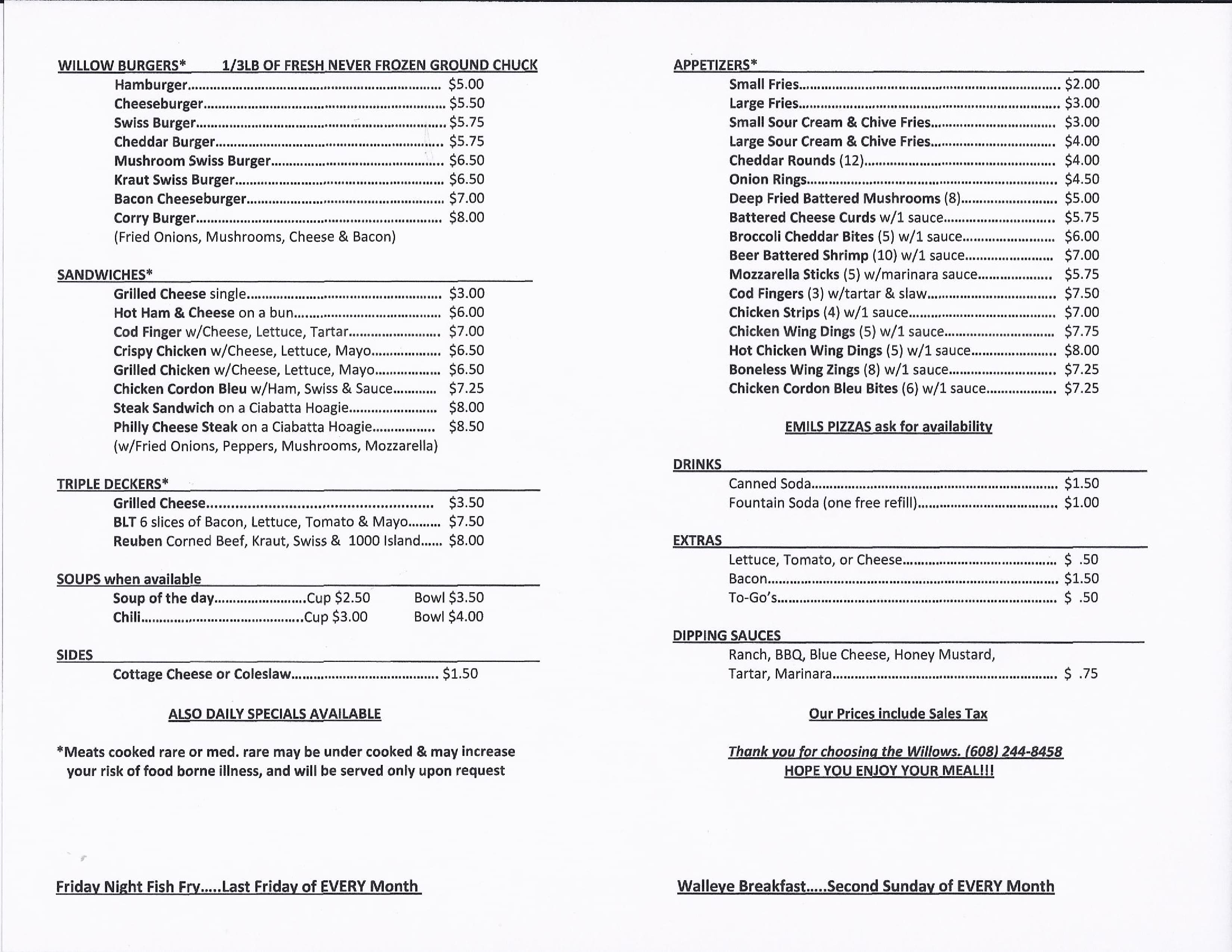 Menu at Willows Tavern pub & bar, Waunakee