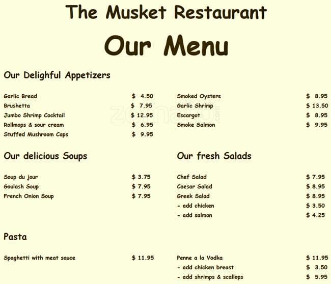 The Musket Menu, Menu for The Musket, Etobicoke, Toronto - Urbanspoon ...