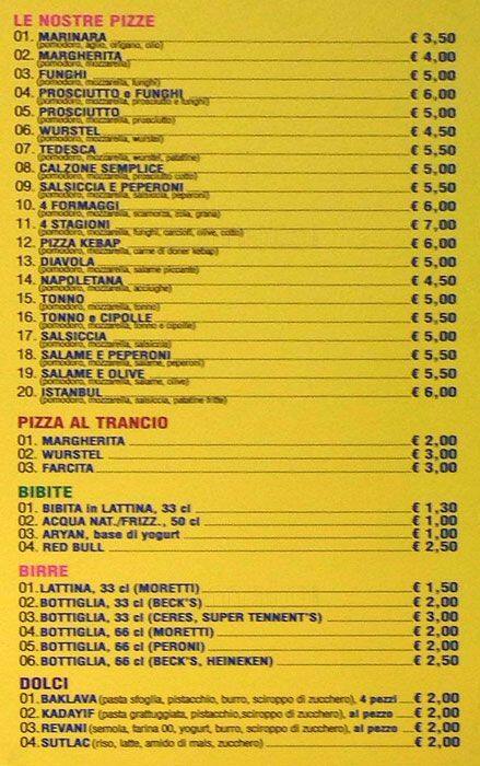 Menu di Istanbul Monte Ararat 