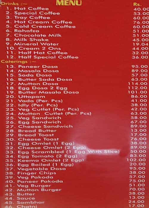 Indian Coffee House menu